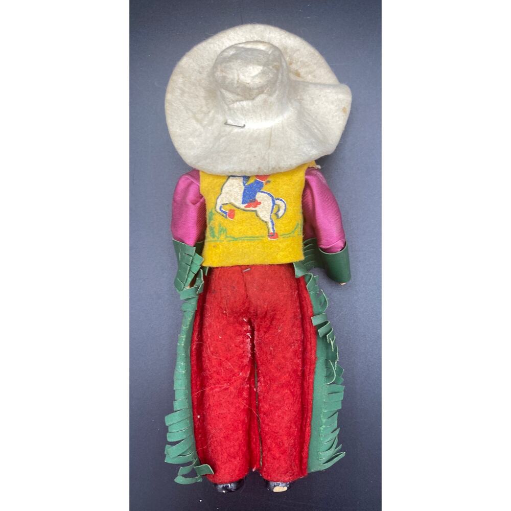 1960s Vtg Cowboy Doll Bisque Head Plastic Celluloid Moveable Arms Leather Chaps - Picture 2 of 5